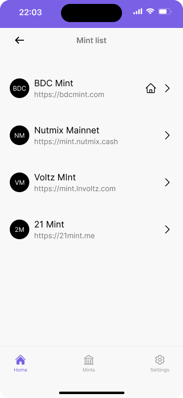 A list of mints with the default mint highlighted by a home icon.