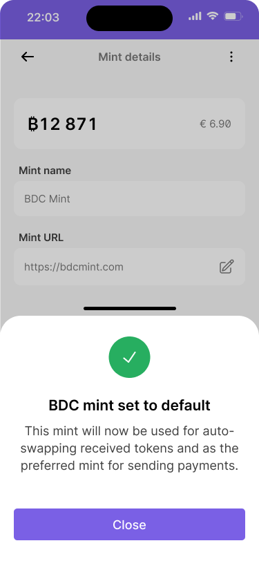 A mobile wallet interface showing a success message that confirms the mint has been set as default, explaining that received tokens can now be auto-swapped to this mint.