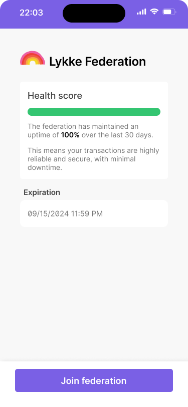 A mobile wallet interface with a screen that shows a countdown timer and a message that the federation will shut down in 15 days.