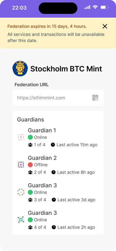 A mobile wallet interface with a screen that shows a countdown timer and a message that the federation will shut down in 15 days.