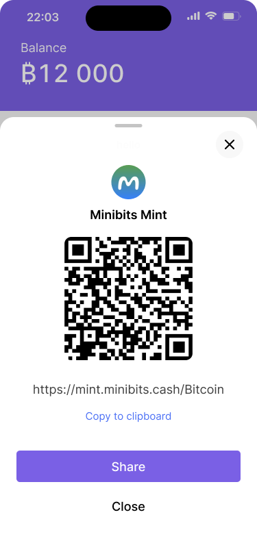 Screen displaying a QR code for Minibits Mint, with the URL ‘https://mint.minibits.cash/Bitcoin’ shown below, along with options to copy the link and share.