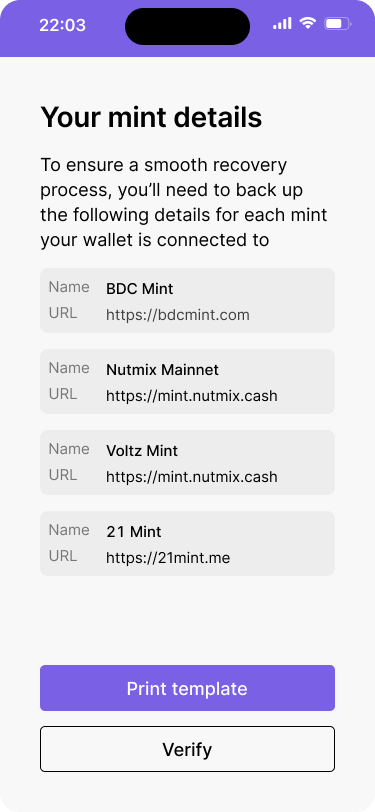 A mobile wallet interface with a screen that shows a list of mints along with their mint url.