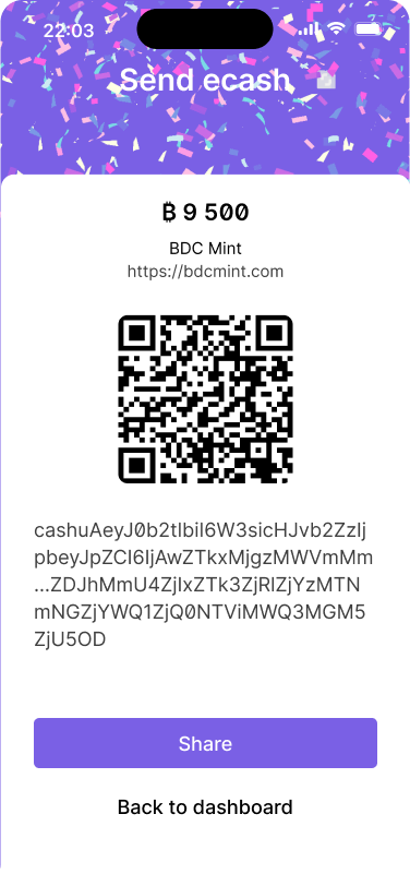 A QR code for a generate ecash token with the token string available to copy to clipboard.