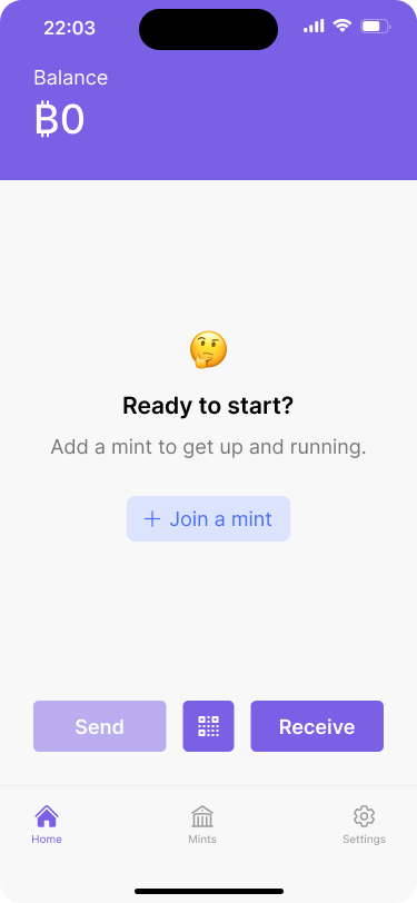 Empty state home screen of the bitcoin-backed ecash wallet, with a “Ready to start?” message and a button labeled “Join a mint.” The balance shows as 0, and the bottom navigation includes “Home,” “Mints,” “Settings,” and buttons for “Send” and “Receive.”