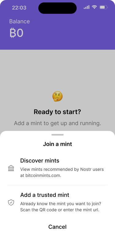 Home screen of the bitcoin-backed ecash wallet, showing a message prompting the user to “Add a mint to get up and running.” The options include “Discover mints” from a recommended list or “Add a trusted mint” manually.