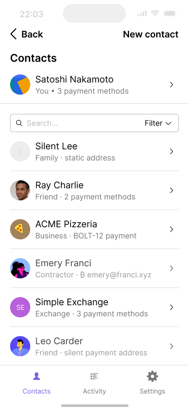 A Contacts page shows the user a searchable contact list, in order quickly access saved payment information, including their own.