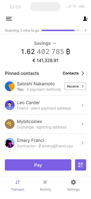 App home screen containing a pinned contacts section, which includes a self contact for the wallet owner.