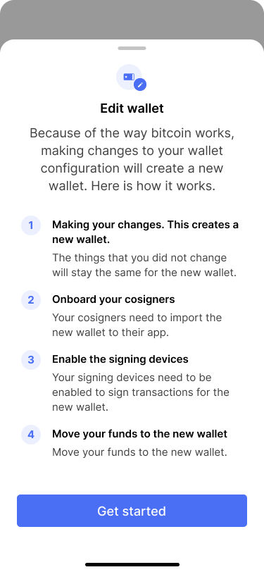 Screen showing an information dialog that explains how the process of editing a wallet works.