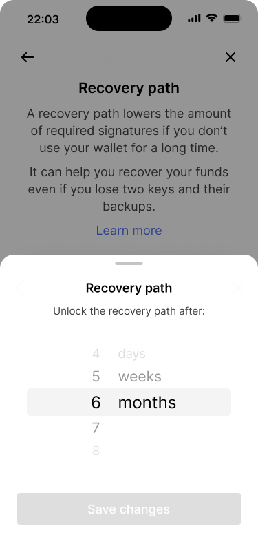 Screen showing a dialog that lets users edit the unlock time for the recovery path. It is set to 6 months.