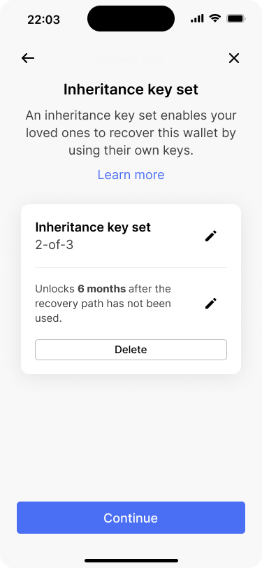 Screen that lets users define, when the inheritance key set should be unlocked.