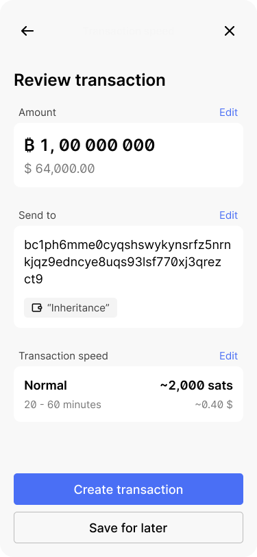 Review screen that shows a summary of the all transaction information. There is an option to create the transaction.