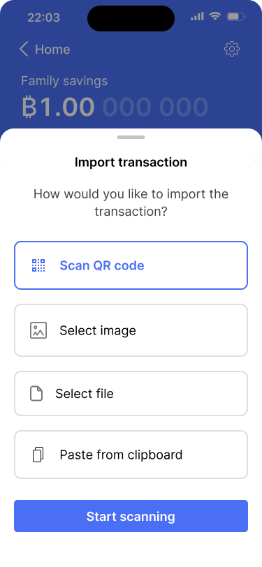 Screen showing different options for how to import a transaction.