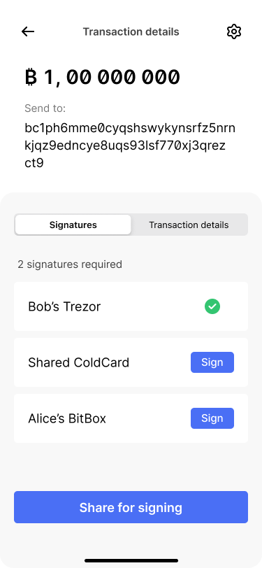 Screen showing the transaction details. It shows that one of three keys has already signed the transaction.