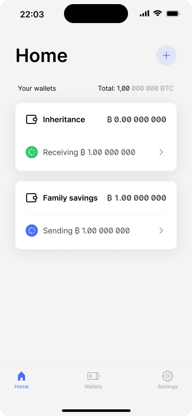 App home screen showing a pending transaction from the family savings to the inheritance wallet.