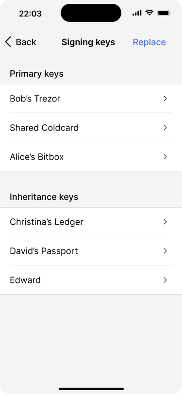 Screen showing a list of all signing keys for the wallet.