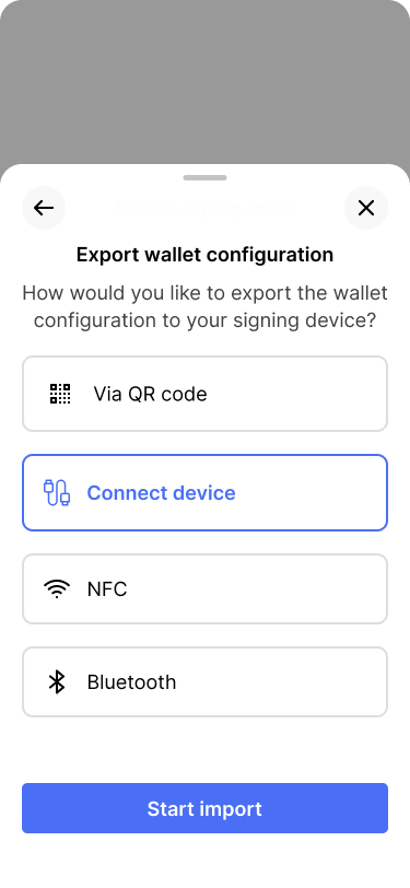 Screen showing different options to export the wallet configuration.