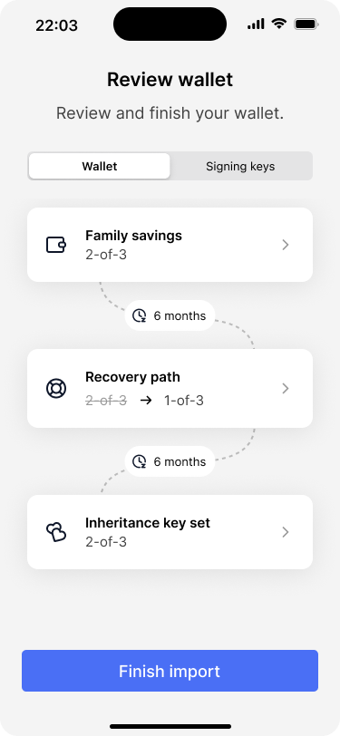 Screen showing the final wallet configuration, with an option to review the details of the signing keys.